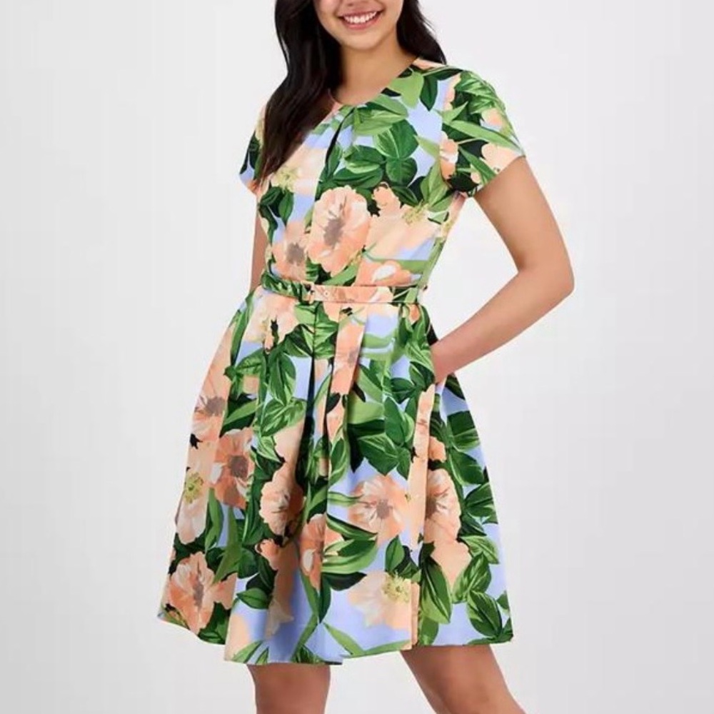 🆕 Tahari ASL Floral Fit&Flare Dress Blue Green Peach Belted Short Sleeve Size 12